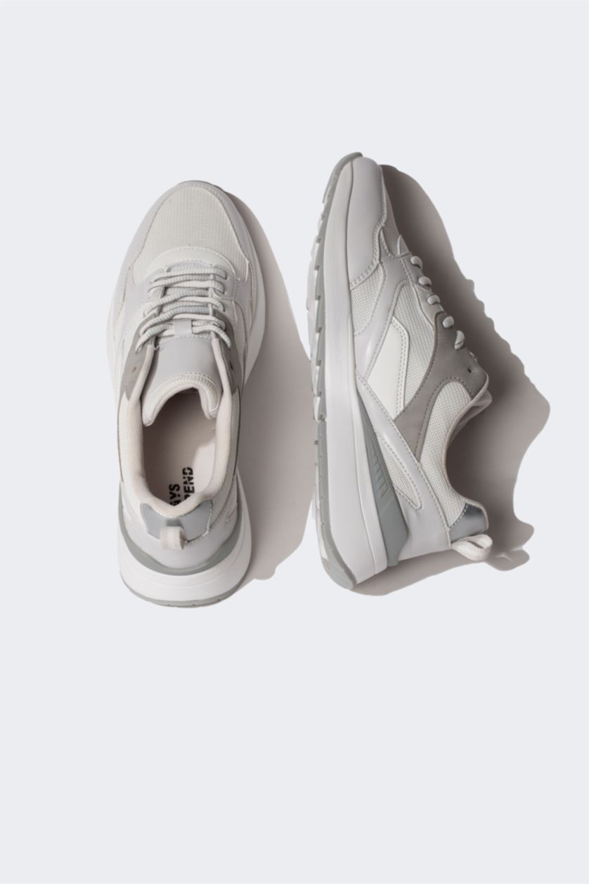 WOMAN Grey Woman Flat Sole Lace up Faux Leather Sneakers