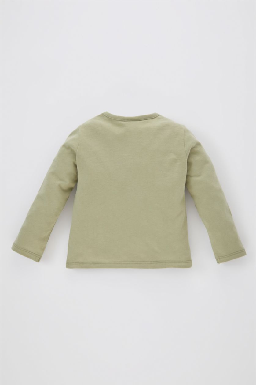 Erkek Bebek Açık Haki Erkek Bebek Düğmeli Yaka Basic Düz Uzun Kollu Tişört