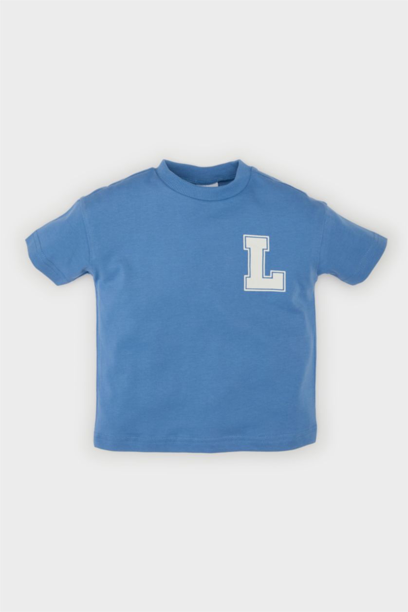 Erkek Bebek Koyu Mavi Bisiklet Yaka Baskılı Kısa Kollu Tişört Erkek Bebek
