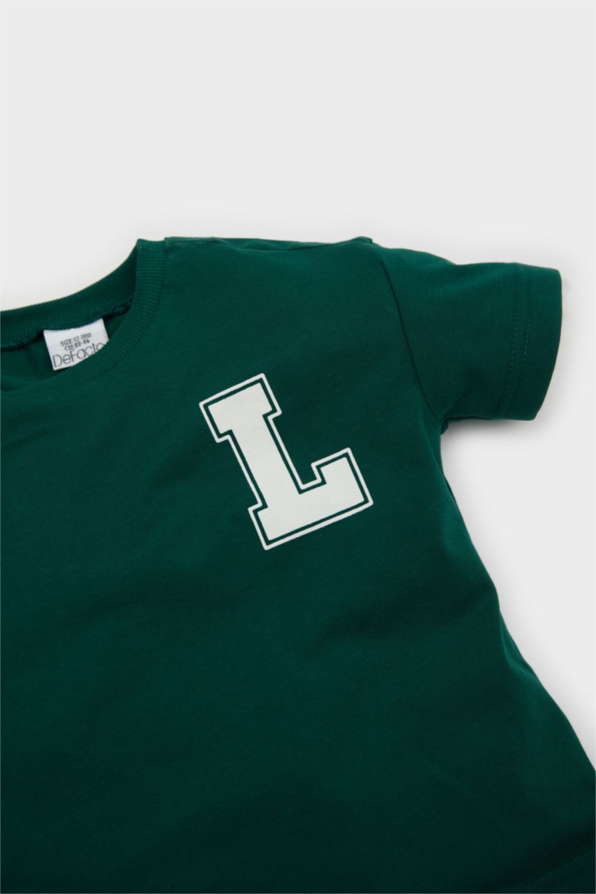 Erkek Bebek Koyu Yeşil Bisiklet Yaka Baskılı Kısa Kollu Tişört Erkek Bebek