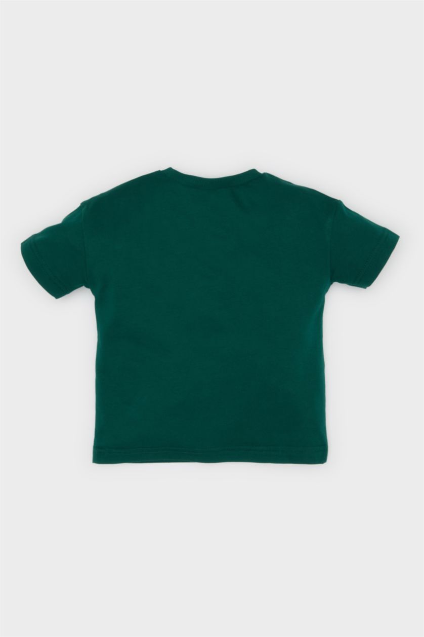 Erkek Bebek Koyu Yeşil Bisiklet Yaka Baskılı Kısa Kollu Tişört Erkek Bebek