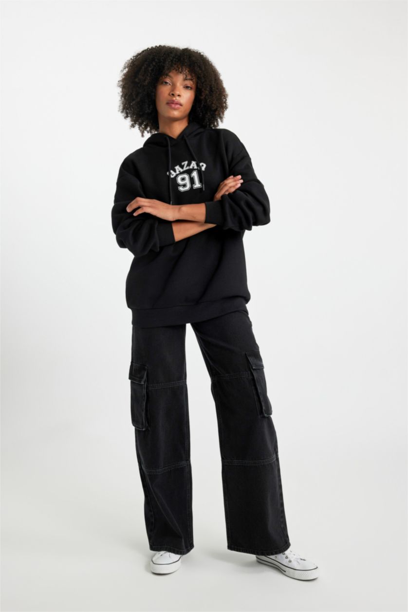 WOMAN Black Oversize Fit Thick Sweatshirt Fabric Sweatshirt