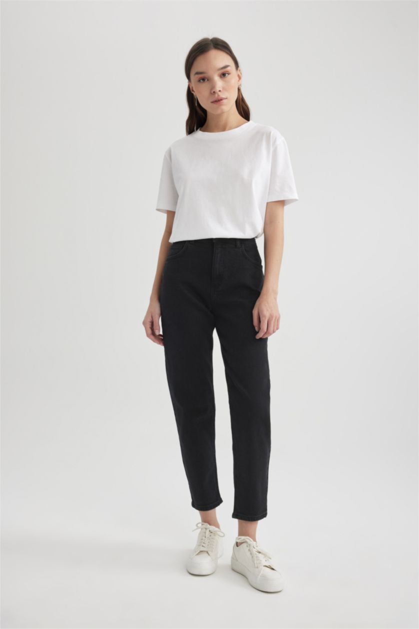 نساء أسود بنطرون جينز بخصر عالي