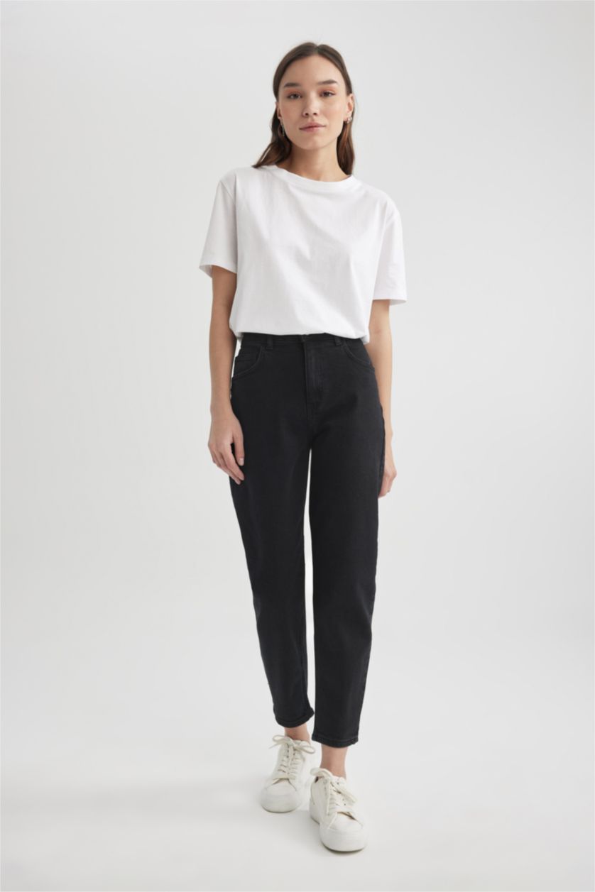 نساء أسود بنطرون جينز بخصر عالي