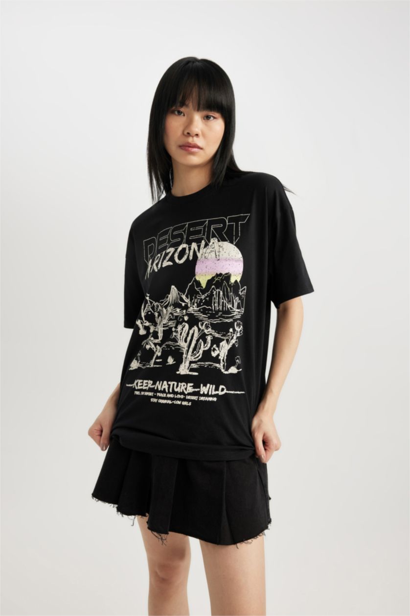 نساء أسود تي شيرت نص كم اوفر سايز بطبعة عيد الحب للجنسين