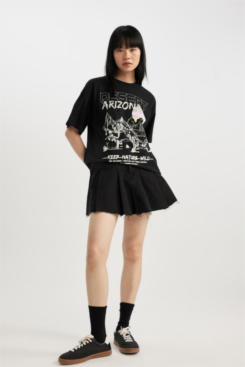 نساء أسود تي شيرت نص كم اوفر سايز بطبعة عيد الحب للجنسين