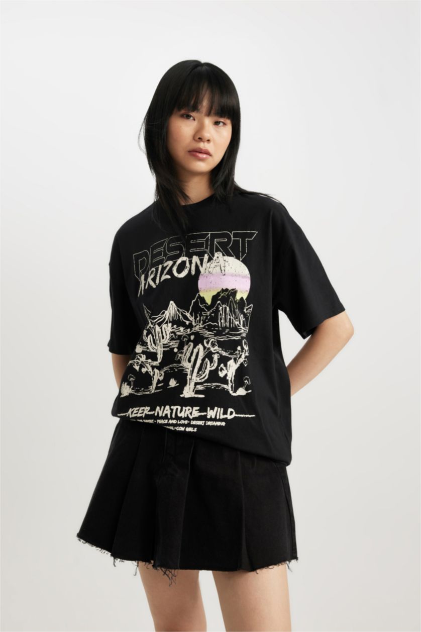 نساء أسود تي شيرت نص كم اوفر سايز بطبعة عيد الحب للجنسين