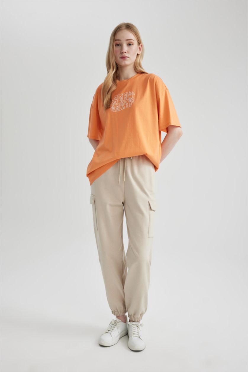 Woman Orange Oversize Fit Crew Neck Printed Short Sleeve T-Shirt