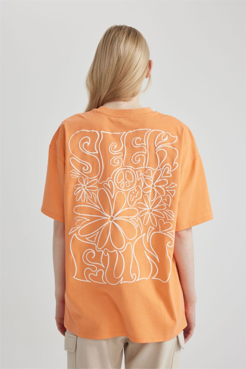 Woman Orange Oversize Fit Crew Neck Printed Short Sleeve T-Shirt