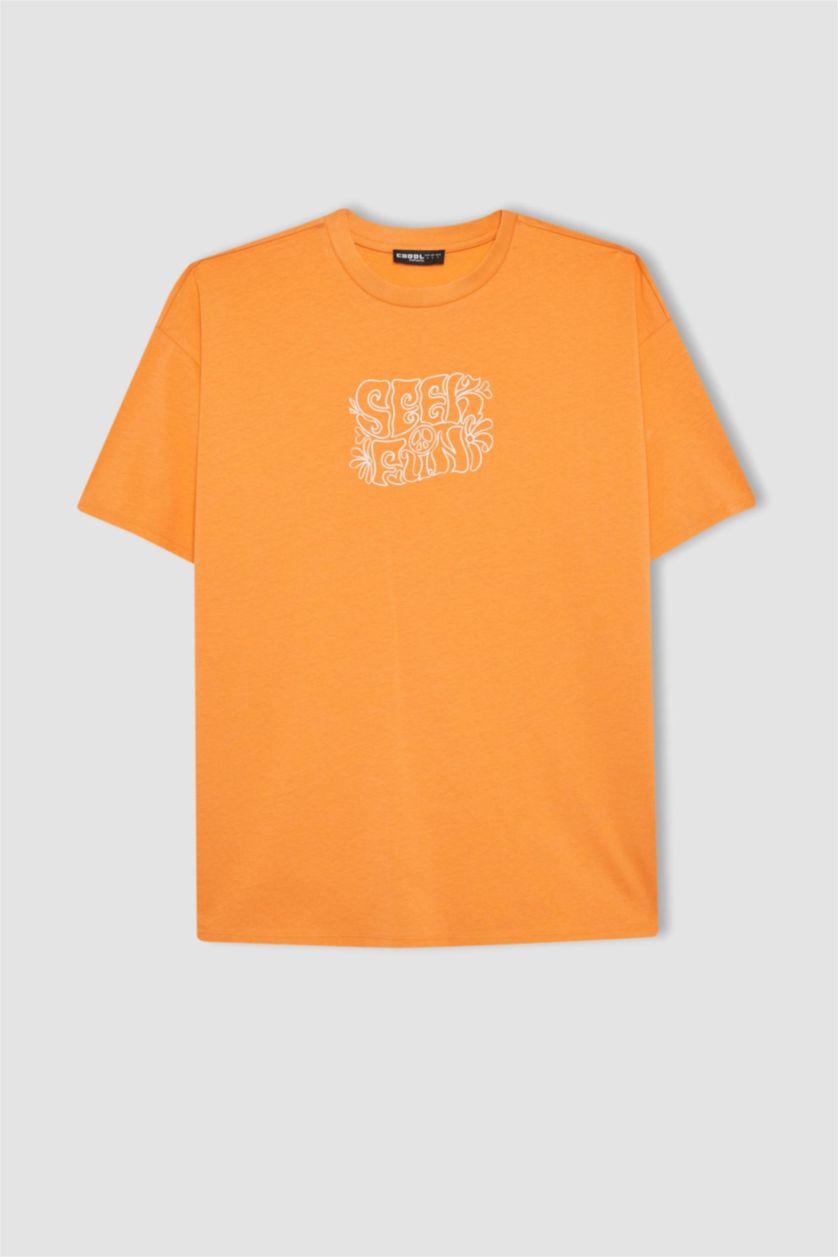 Woman Orange Oversize Fit Crew Neck Printed Short Sleeve T-Shirt