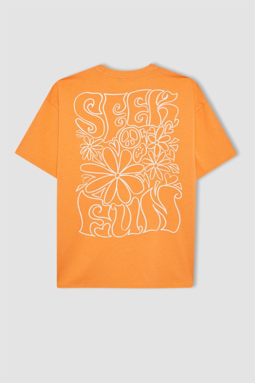 Woman Orange Oversize Fit Crew Neck Printed Short Sleeve T-Shirt