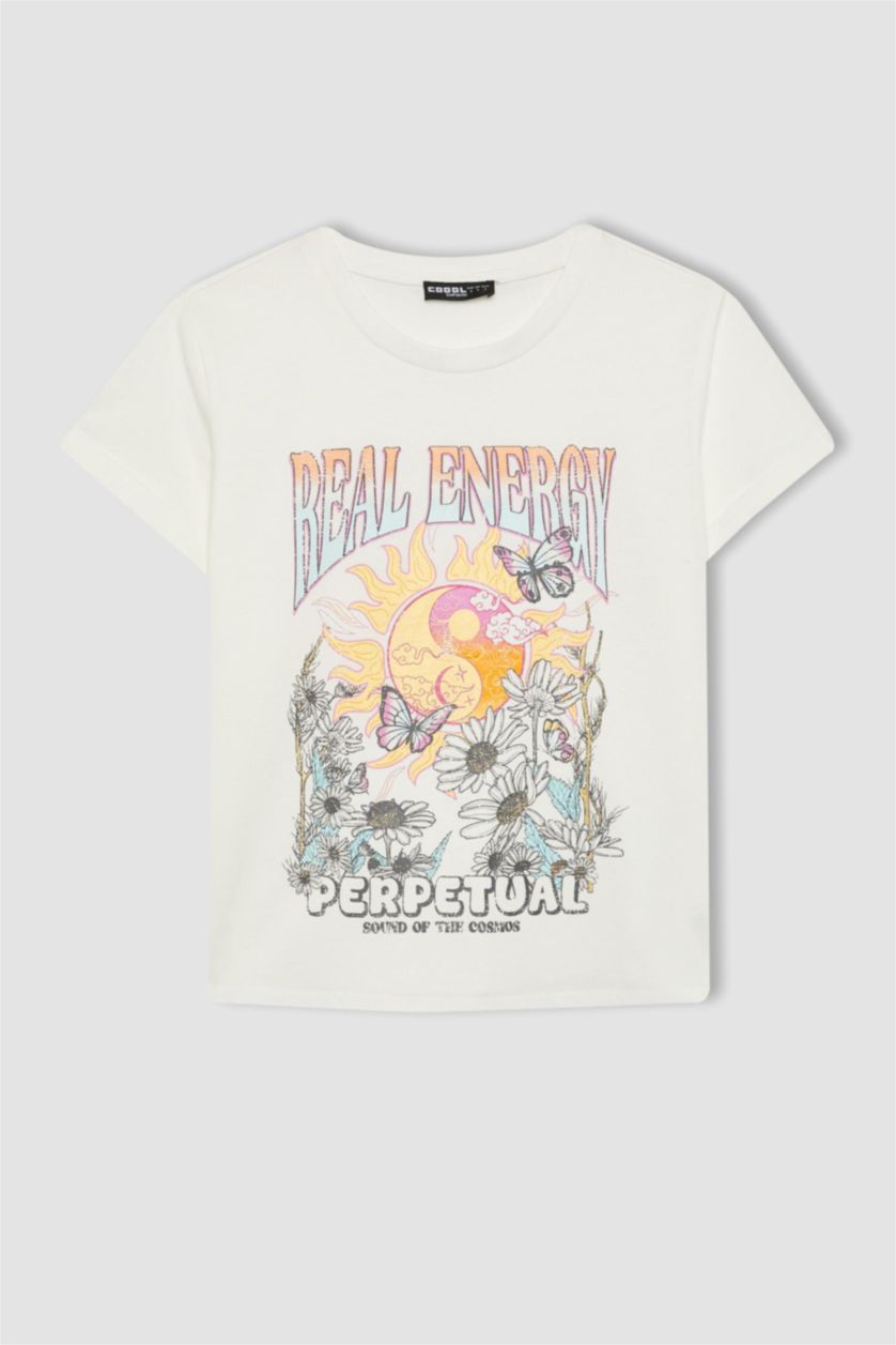 حريمي اوف وايت تي شيرت نص كم مطبوع سليم فيت