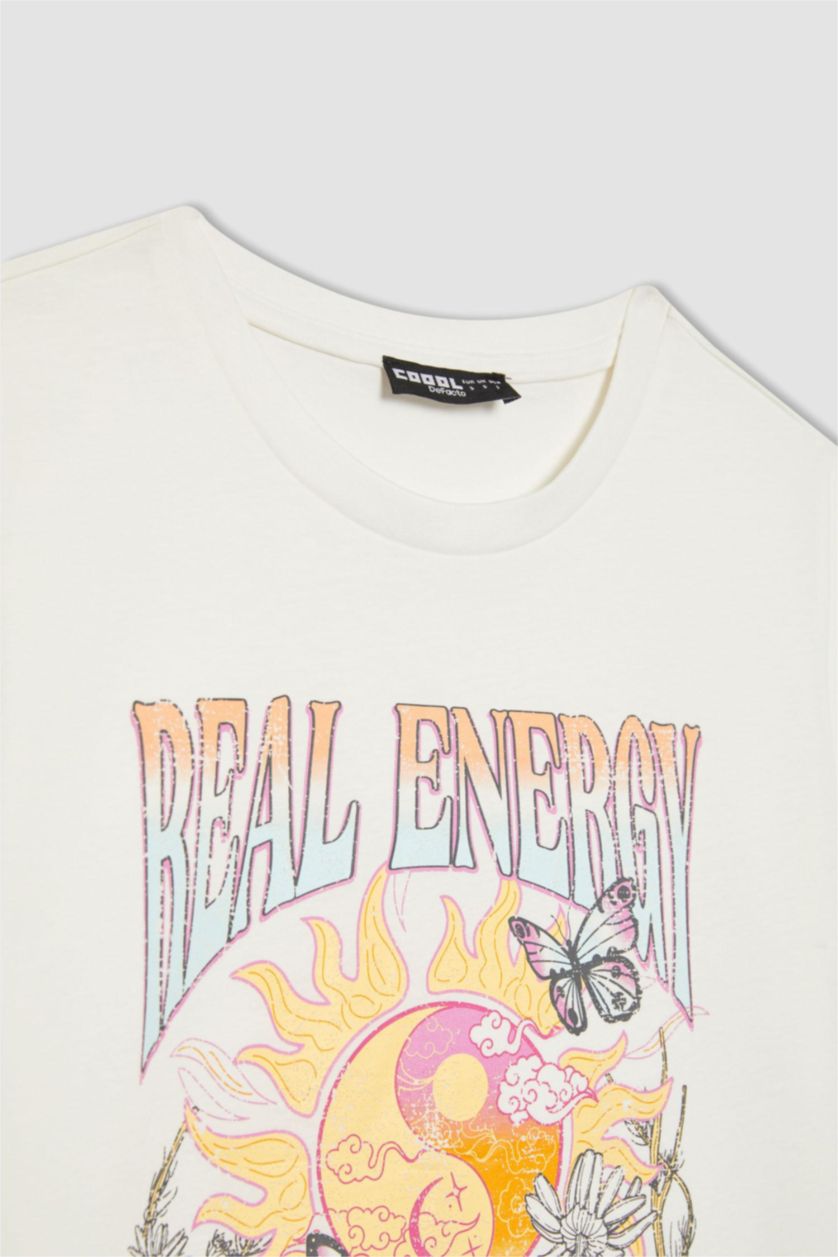 حريمي اوف وايت تي شيرت نص كم مطبوع سليم فيت