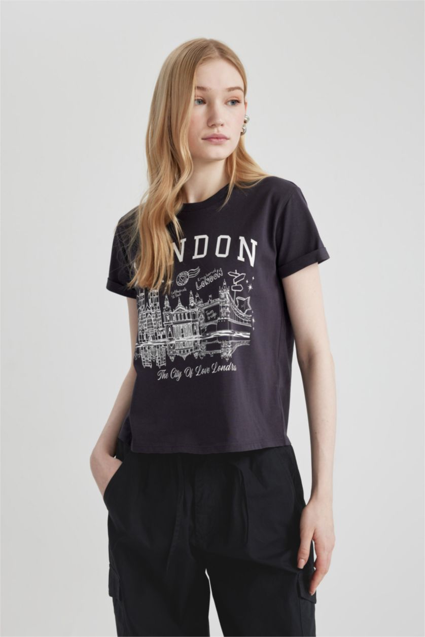WOMAN Anthracite Fitted Printed Short Sleeve T-Shirt