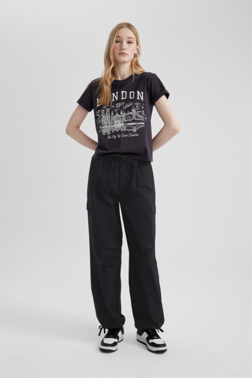 WOMAN Anthracite Fitted Printed Short Sleeve T-Shirt