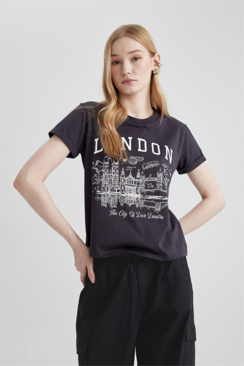 WOMAN Anthracite Fitted Printed Short Sleeve T-Shirt