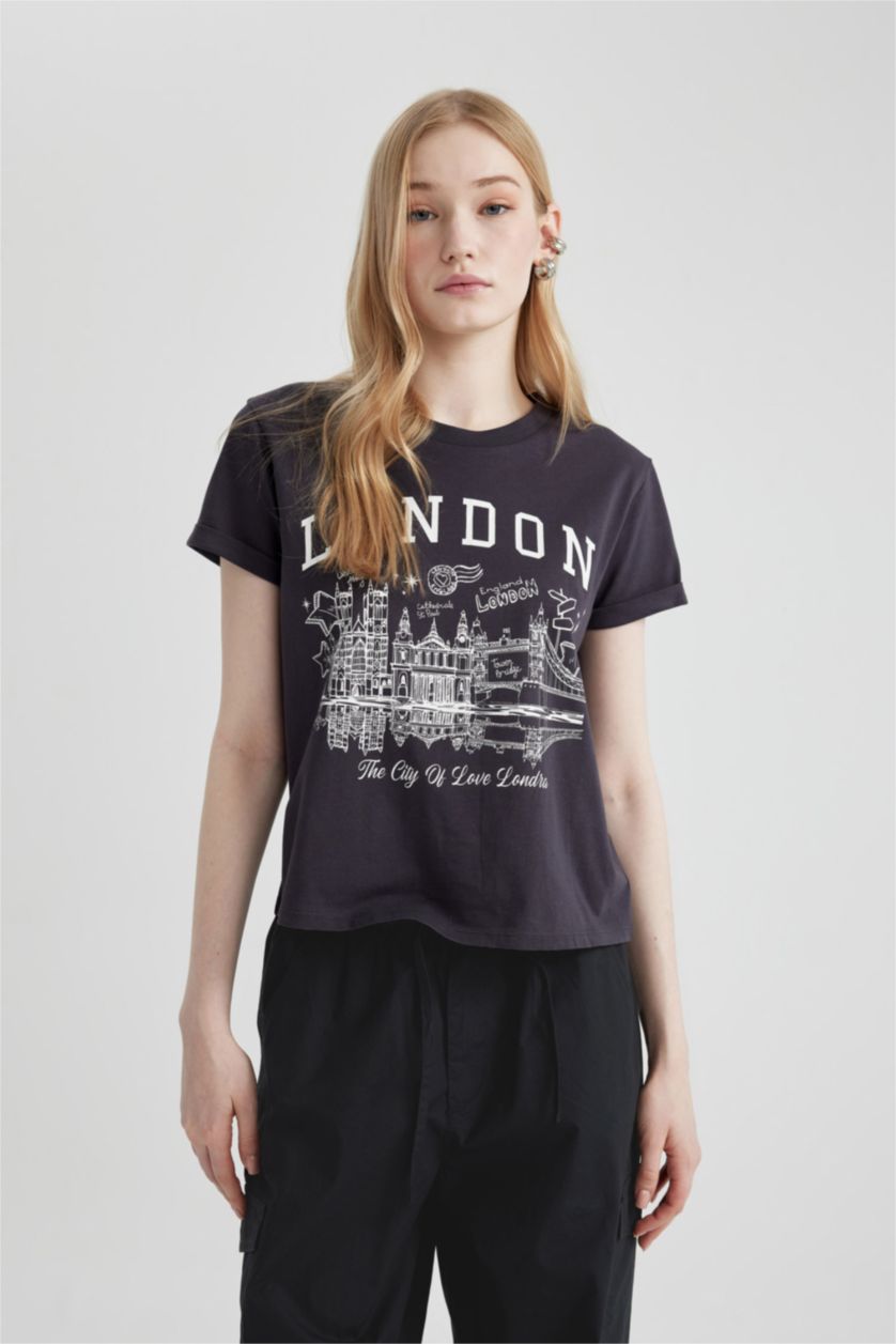 WOMAN Anthracite Fitted Printed Short Sleeve T-Shirt