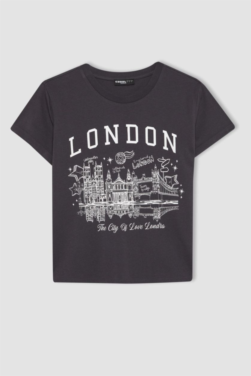 WOMAN Anthracite Fitted Printed Short Sleeve T-Shirt