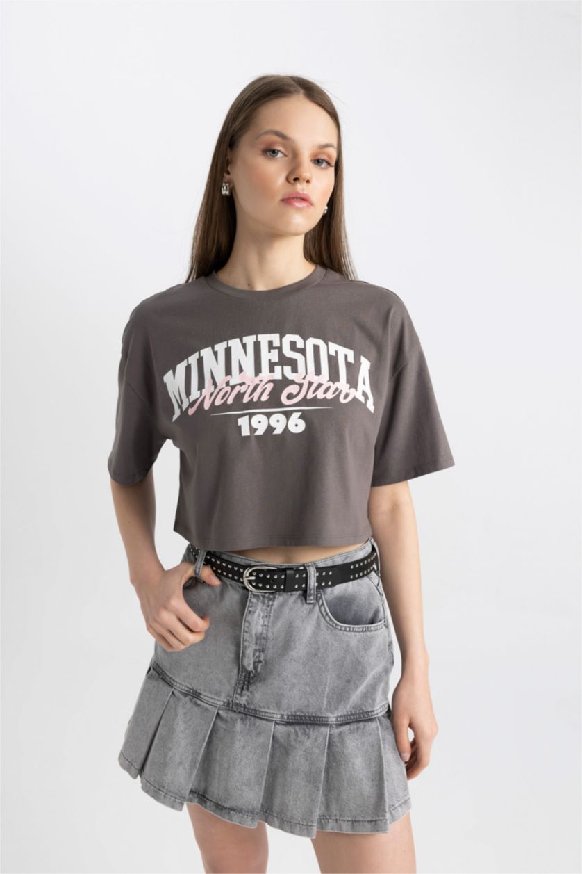 Kadın Koyu Gri Coool Oversize Geniş Kalıp Baskılı Kısa Kollu Tişört