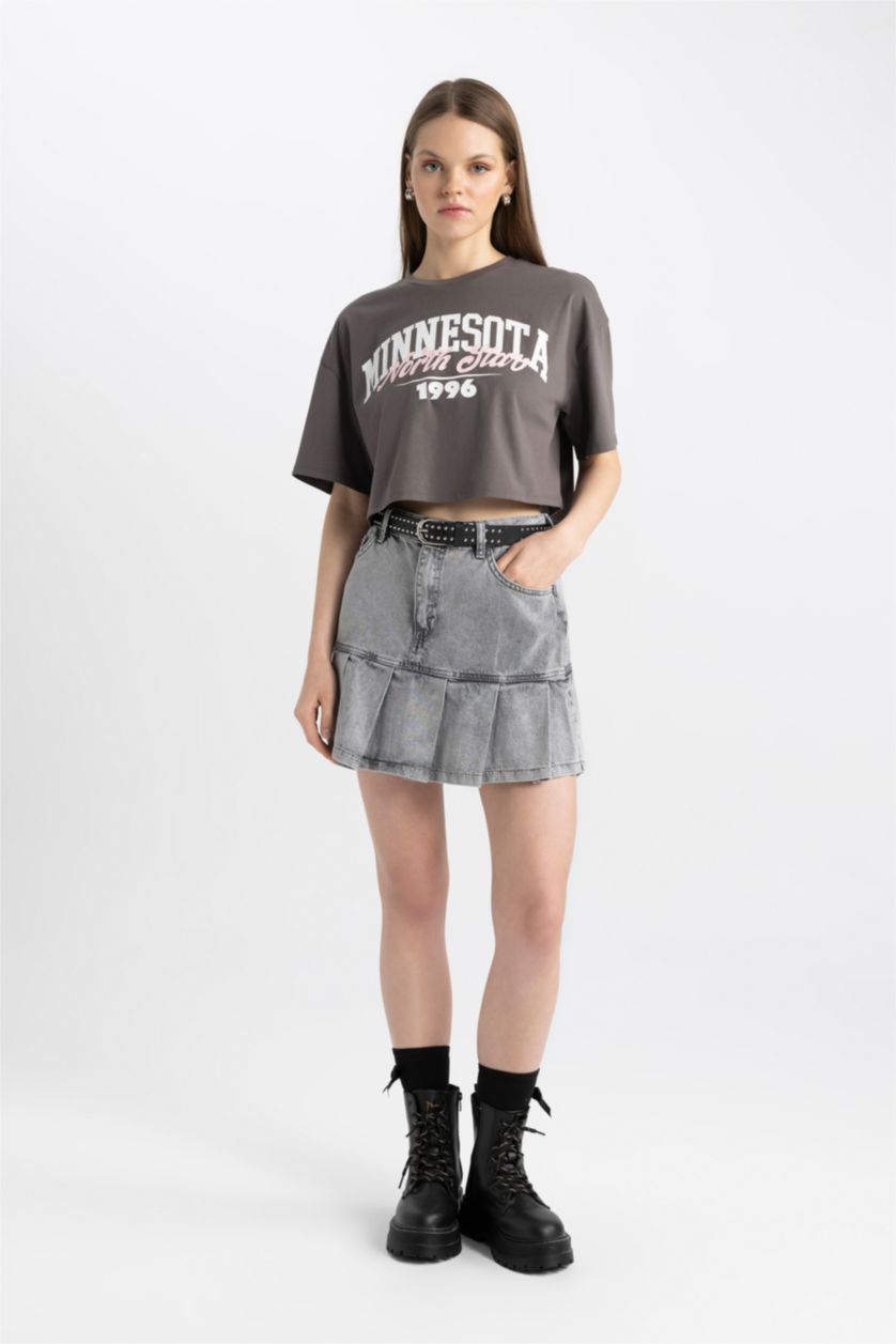 Kadın Koyu Gri Coool Oversize Geniş Kalıp Baskılı Kısa Kollu Tişört