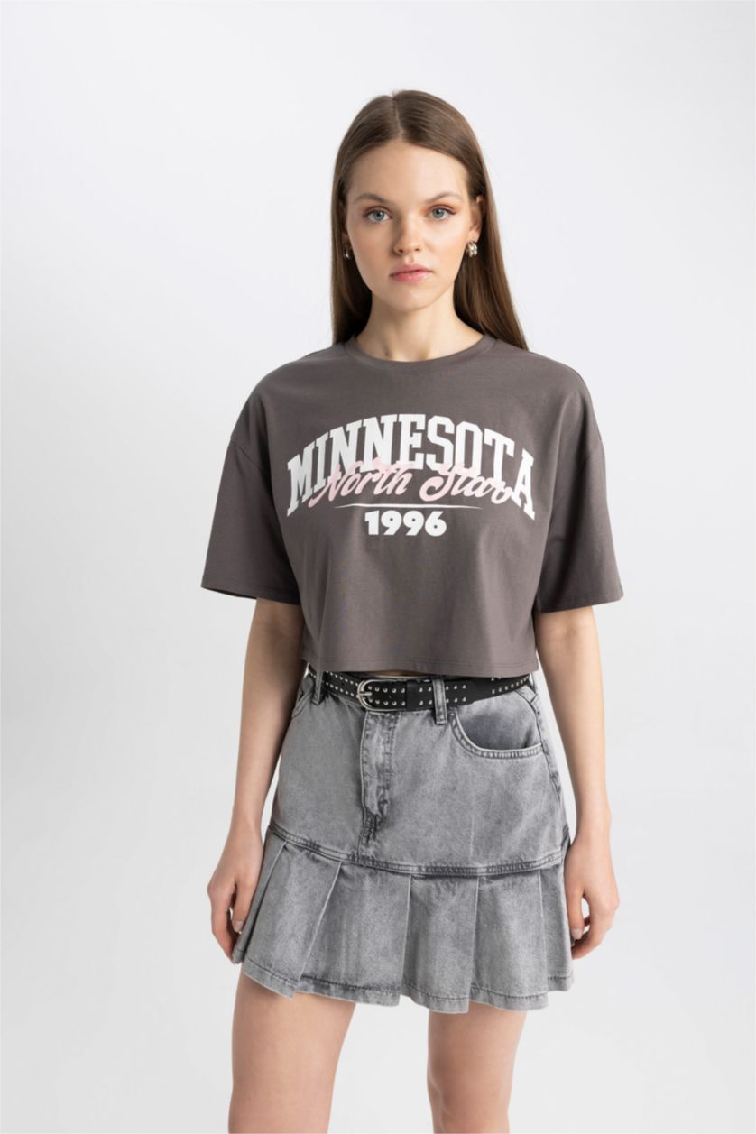 Kadın Koyu Gri Coool Oversize Geniş Kalıp Baskılı Kısa Kollu Tişört