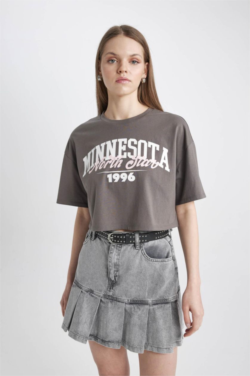 Kadın Koyu Gri Coool Oversize Geniş Kalıp Baskılı Kısa Kollu Tişört