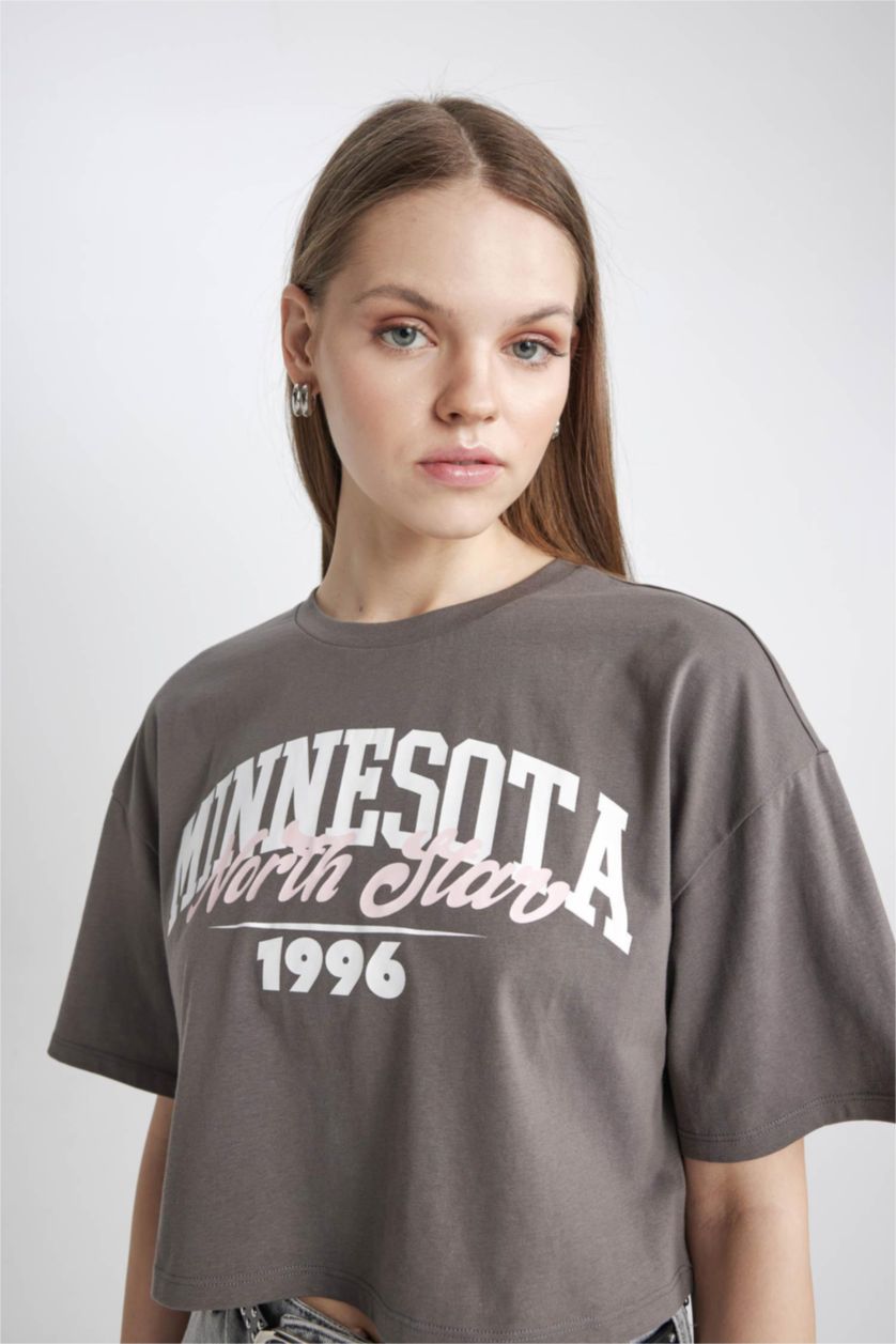 Kadın Koyu Gri Coool Oversize Geniş Kalıp Baskılı Kısa Kollu Tişört