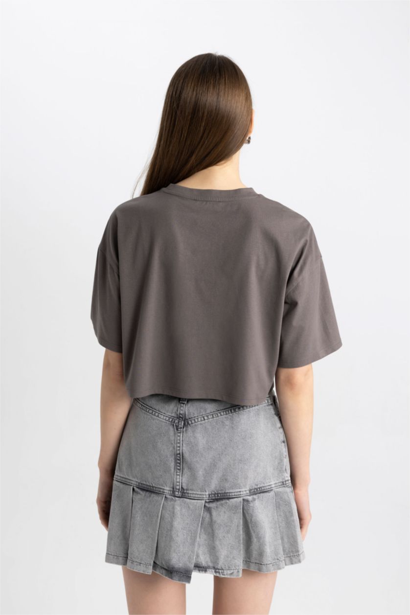 Kadın Koyu Gri Coool Oversize Geniş Kalıp Baskılı Kısa Kollu Tişört