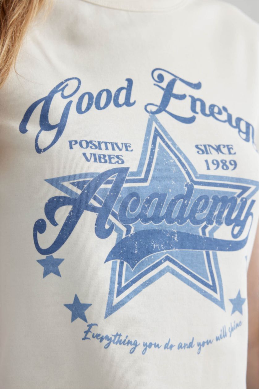 Woman White Fitted Printed Short Sleeve T-Shirt