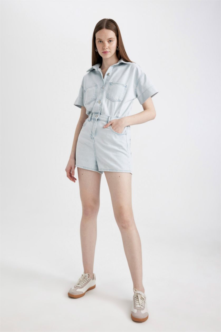 WOMAN Light Blue Short Sleeve Mini Denim Jumpsuit