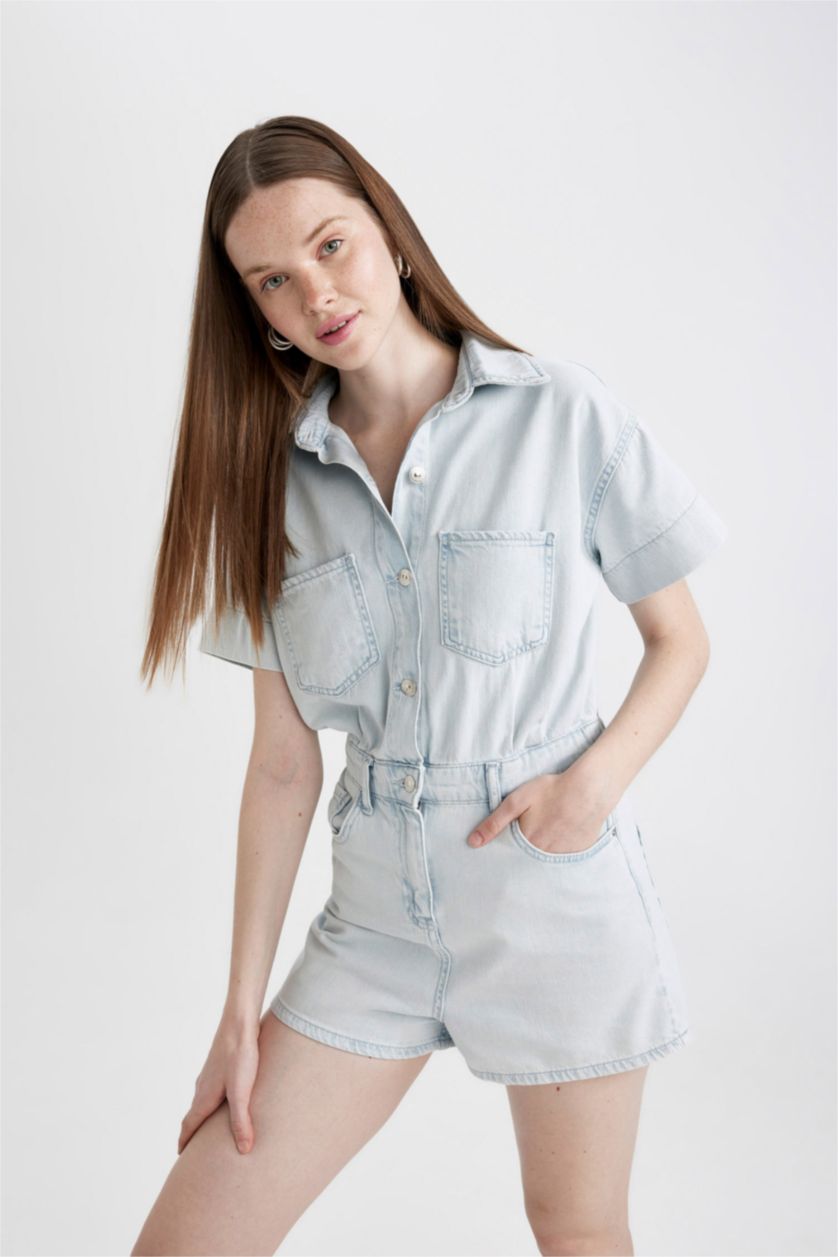 WOMAN Light Blue Short Sleeve Mini Denim Jumpsuit