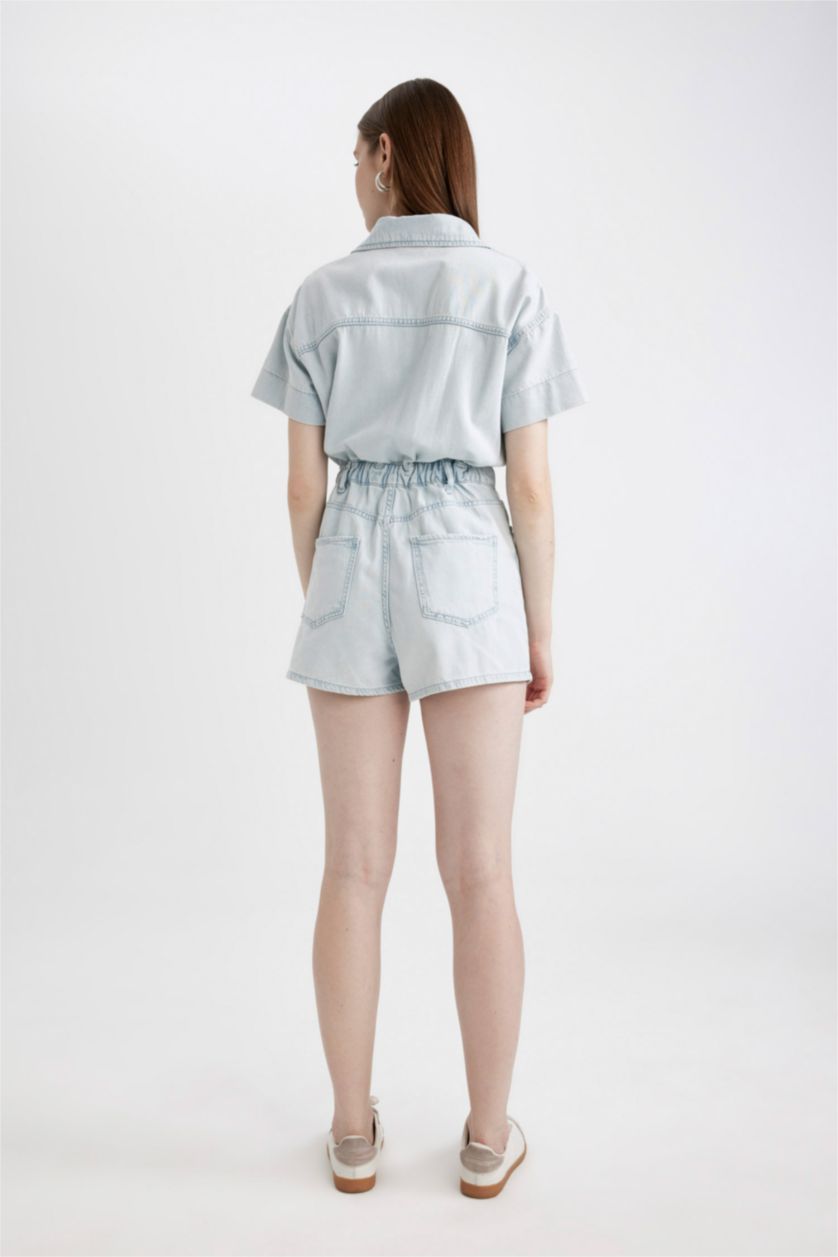 WOMAN Light Blue Short Sleeve Mini Denim Jumpsuit