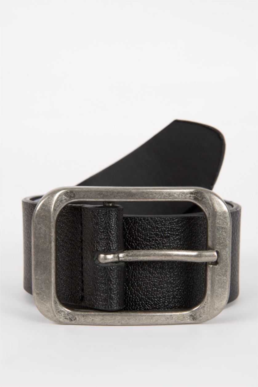 MAN Black Man Rectangle Clasp Faux Leather Jean Belt