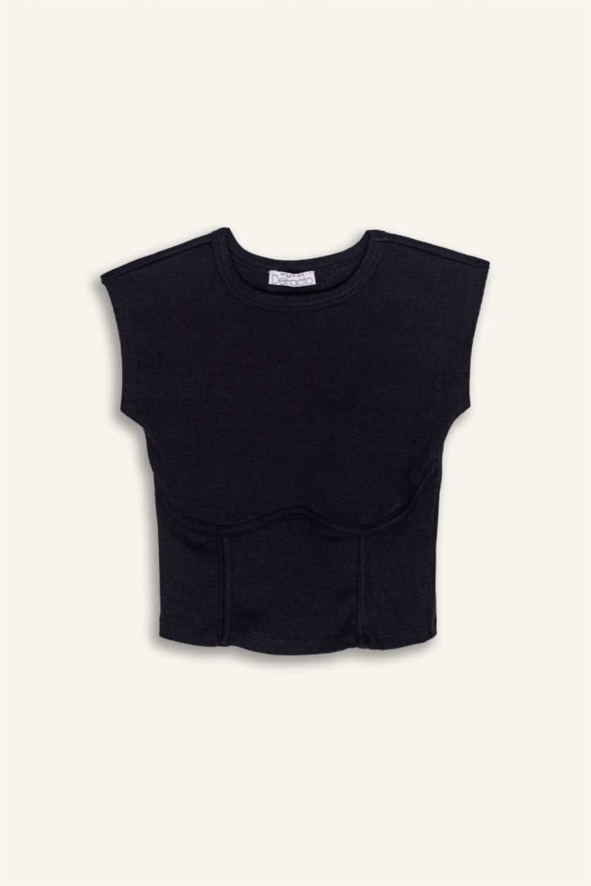 نساء أسود تيشيرت نص ردن مضلع مخصر بياخة مستديرة