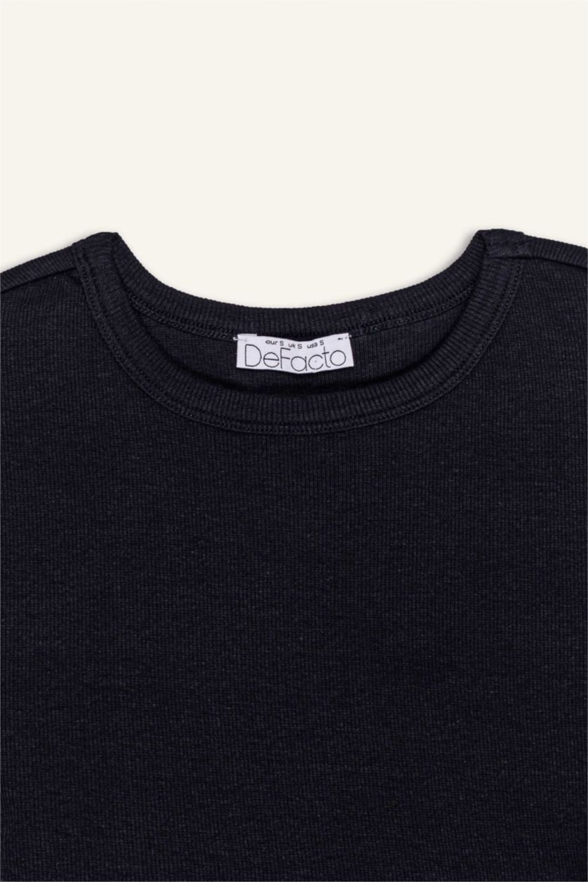 نساء أسود تيشيرت نص ردن مضلع مخصر بياخة مستديرة