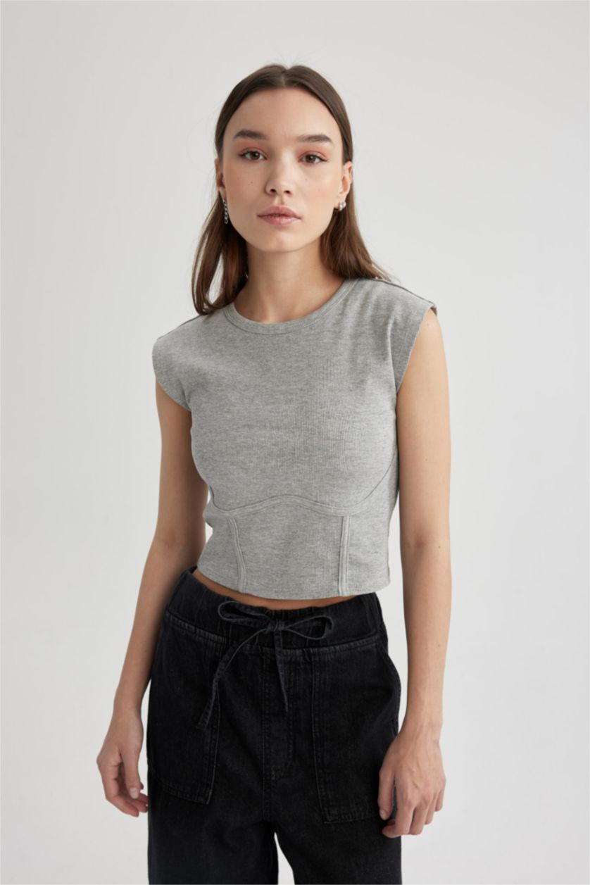 نساء ميلانج رمادي تي شيرت نص كم سليم فيت برقبة مستديرة