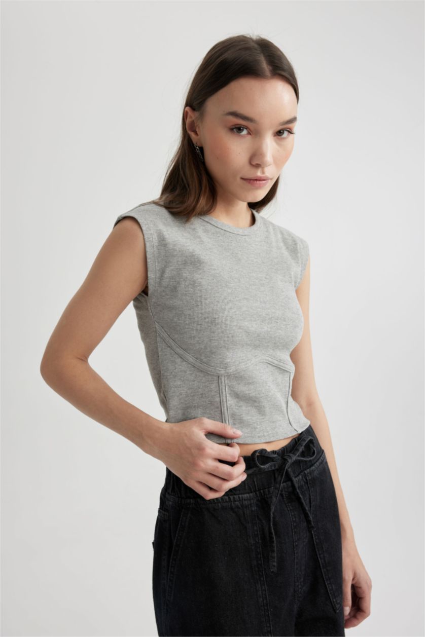 نساء ميلانج رمادي تي شيرت نص كم سليم فيت برقبة مستديرة