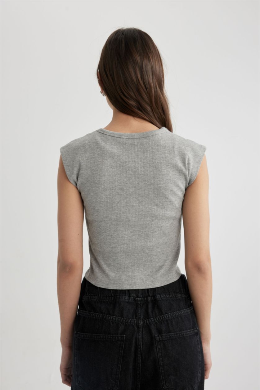 نساء ميلانج رمادي تي شيرت نص كم سليم فيت برقبة مستديرة