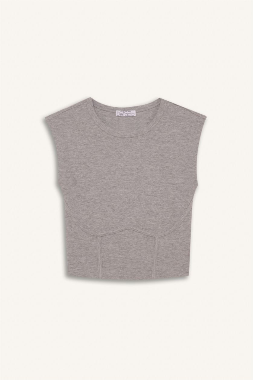 نساء ميلانج رمادي تي شيرت نص كم سليم فيت برقبة مستديرة