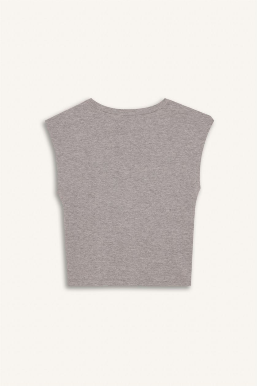 نساء ميلانج رمادي تي شيرت نص كم سليم فيت برقبة مستديرة