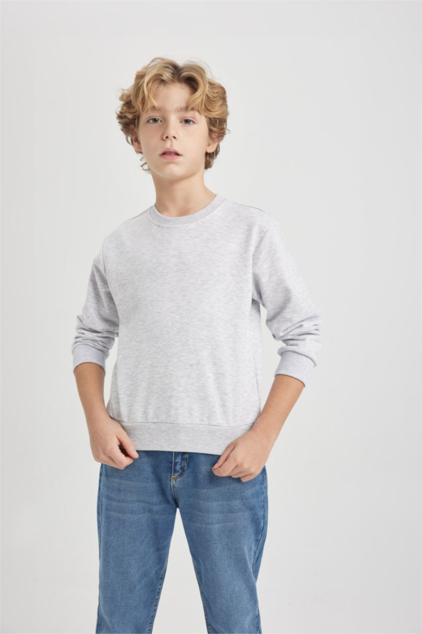 Erkek Çocuk - Genç Erkek Optik Gri Melanj Erkek Çocuk Bisiklet Yaka Basic Düz Sweatshirt