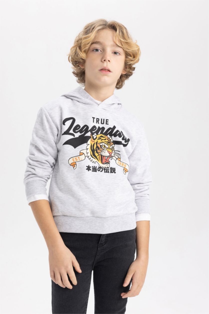 BOYS & TEENS Light Grey Melange Boy Regular Fit Hooded Sweatshirt