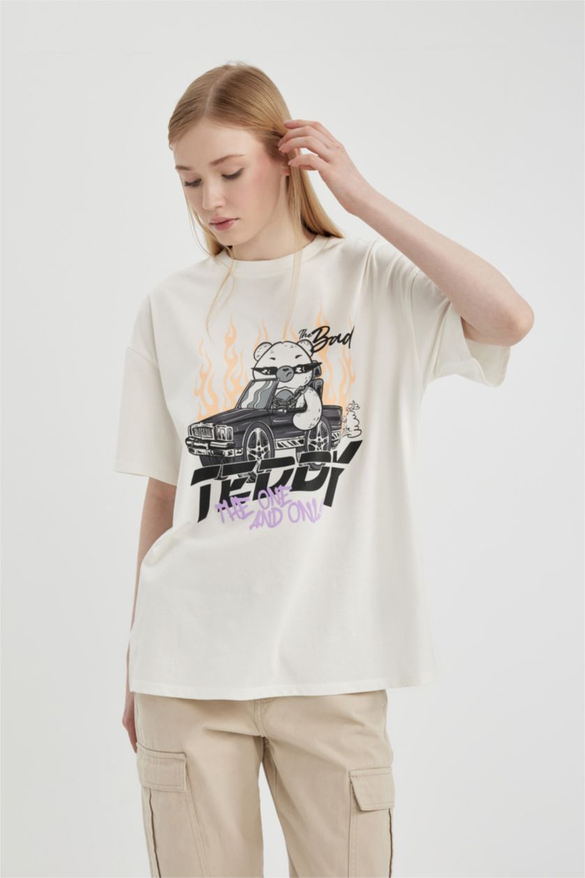 WOMAN White Oversize Fit Crew Neck Printed Short Sleeve T-Shirt