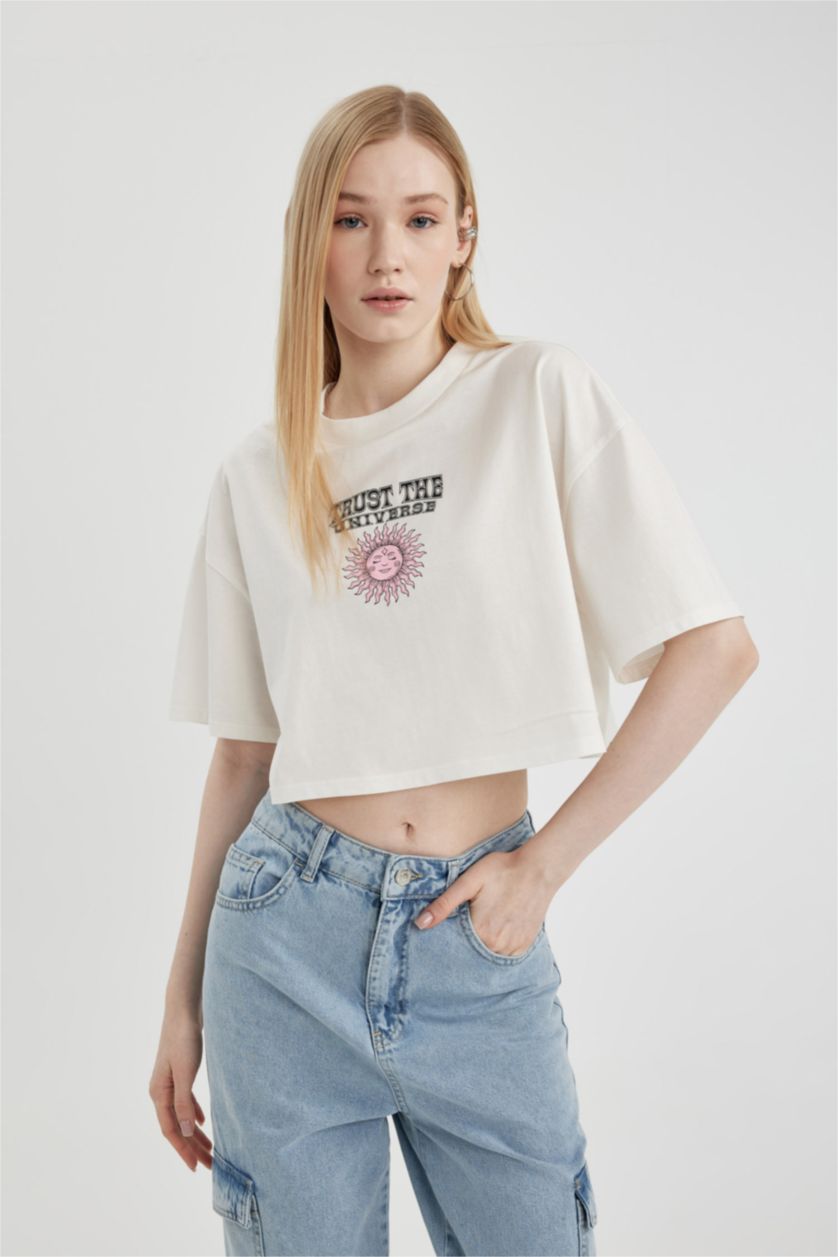 Женщины Кремовый Футболка оверсайз с круглым вырезом и принтом, Coool