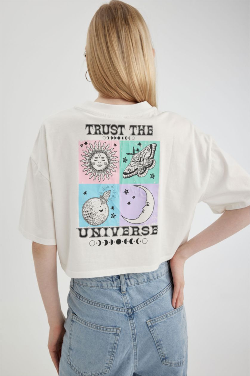 Женщины Кремовый Футболка оверсайз с круглым вырезом и принтом, Coool