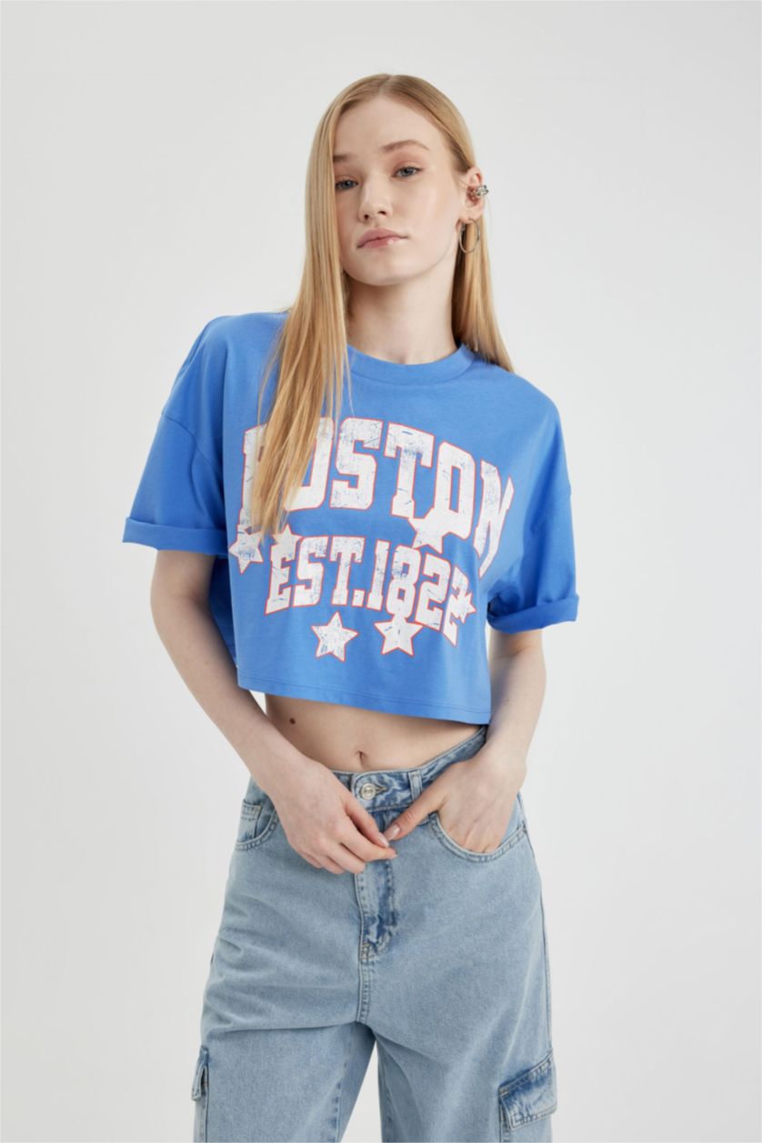 Женщины Голубрй Футболка оверсайз с круглым вырезом и принтом, Coool