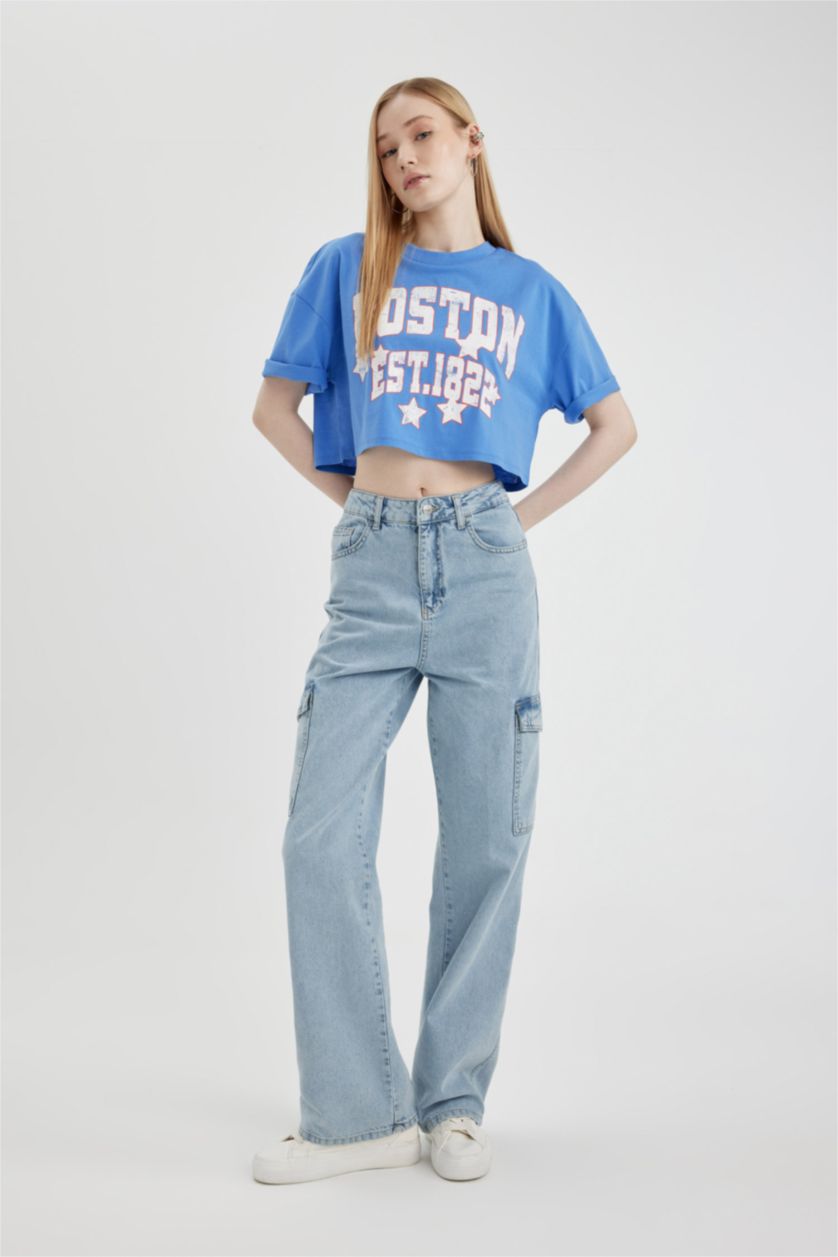 Женщины Голубрй Футболка оверсайз с круглым вырезом и принтом, Coool