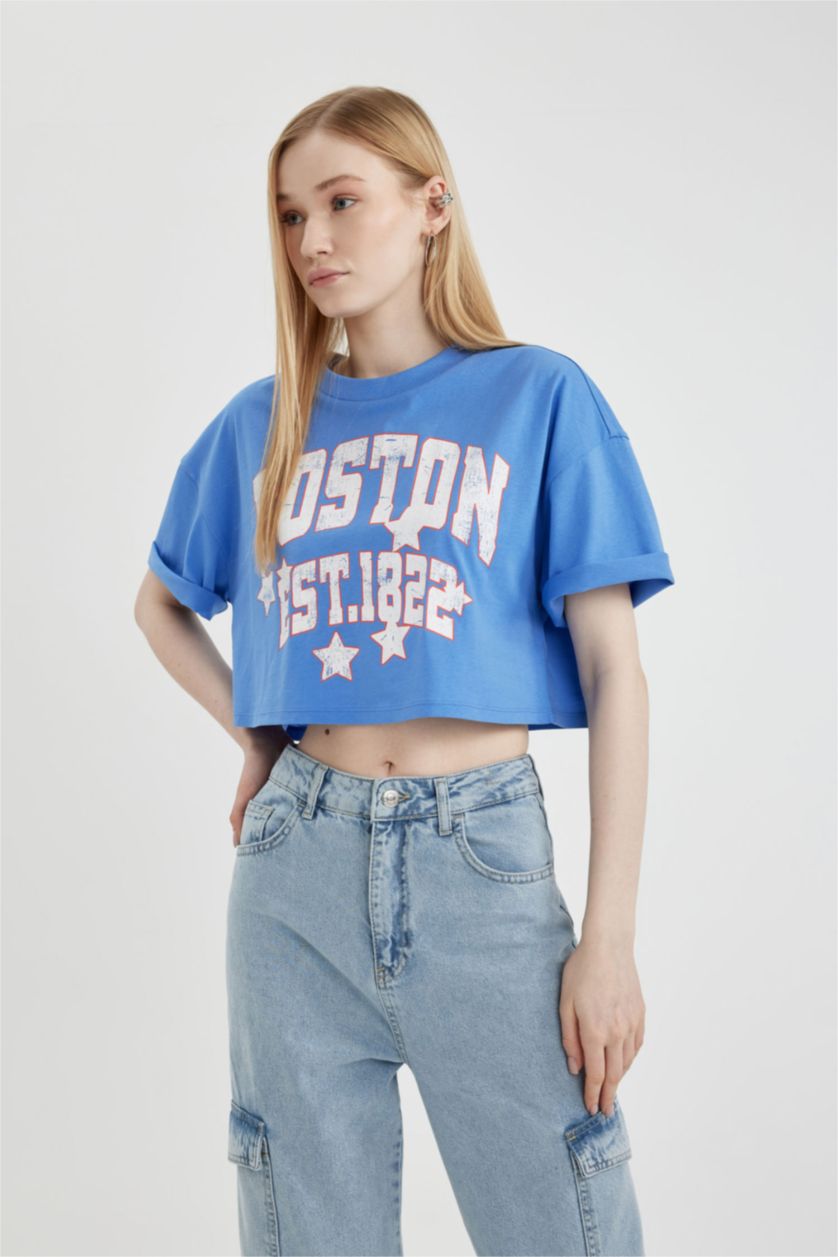 Женщины Голубрй Футболка оверсайз с круглым вырезом и принтом, Coool