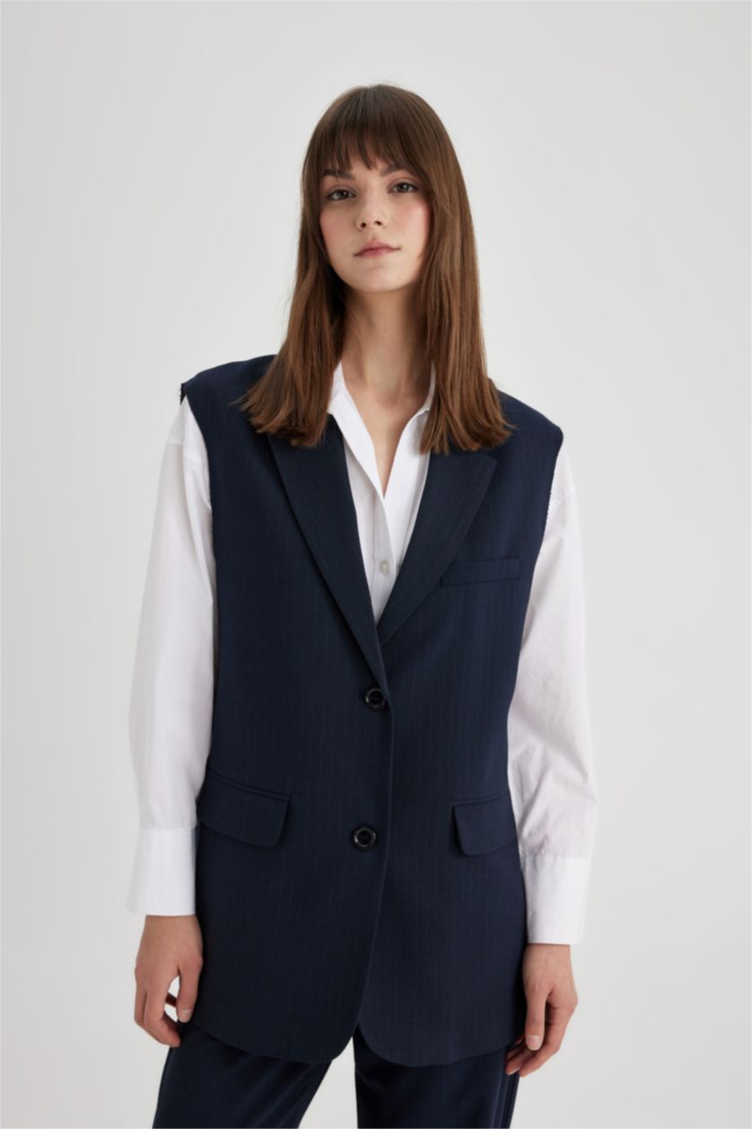 Kadın Lacivert Kolsuz Blazer Ceket Yelek