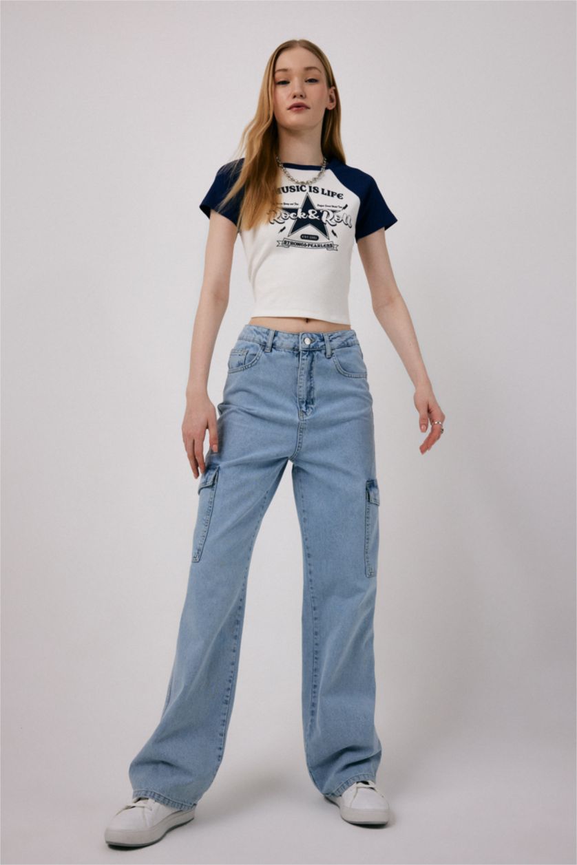 حريمي أزرق فاقع تي شيرت نص كم مطبوع سليم فيت